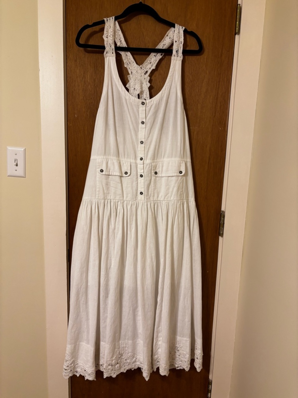 Free People Mayner Linen Cotton Battenburg Lace Trims Midi Dress